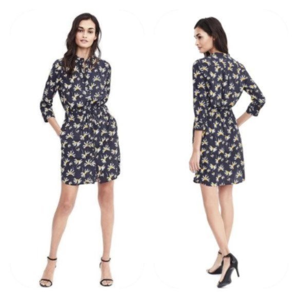 Banana Republic Daisy Print Knee-Length Shirt Dress Medium Mandarin Collar - Picture 7 of 7